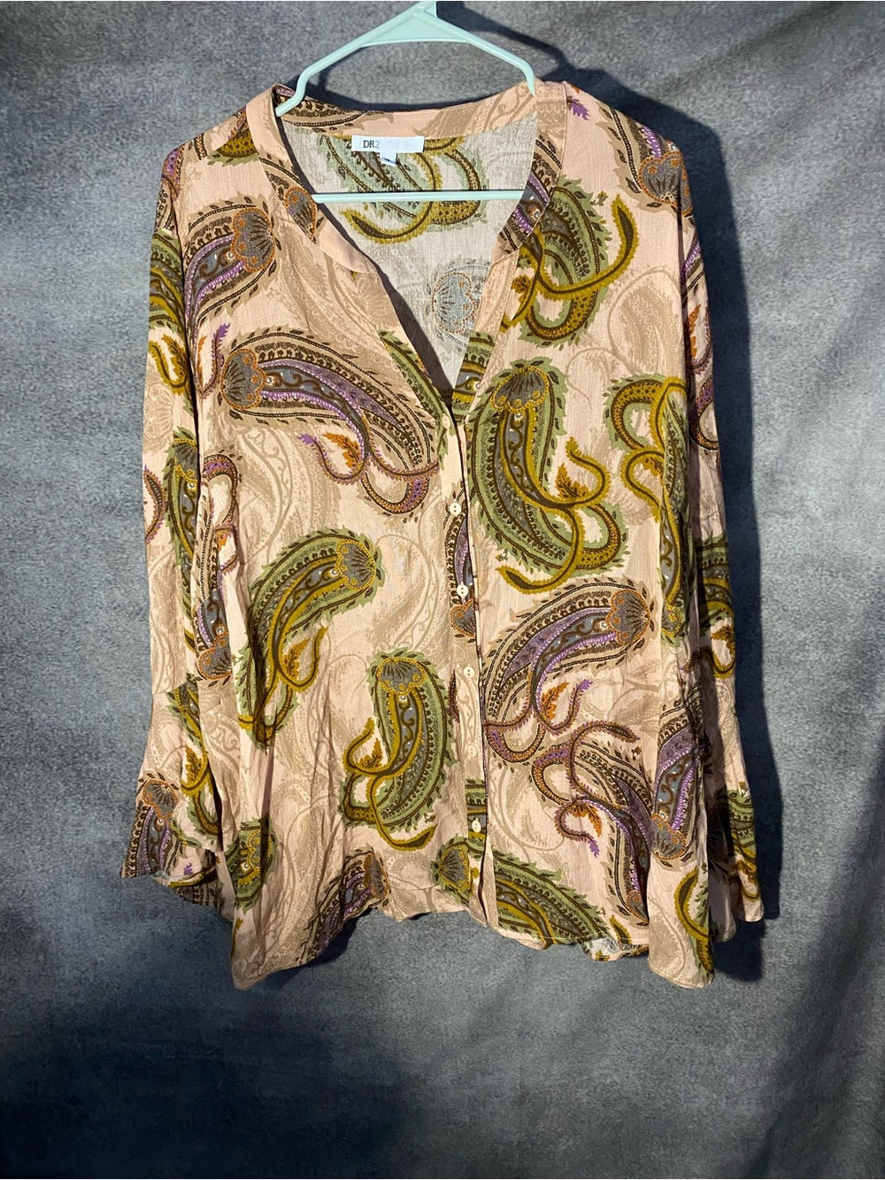 DR2 Womens Plus 3X Blouse Paisley Button Up Long Flare Sleeve Olive Beige Top